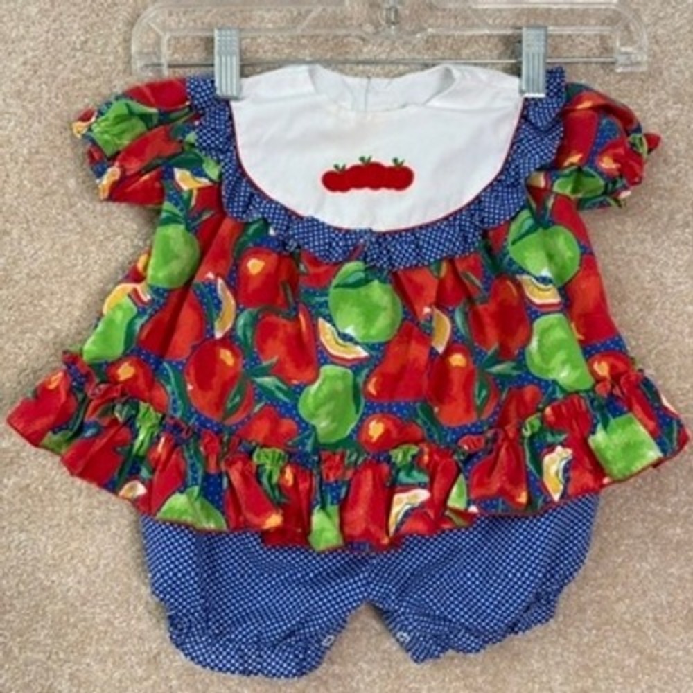 VINTAGE DOTS Romper Baby 3-6 Months 3M 6M Apple Print Fall Ruffle Bloomer